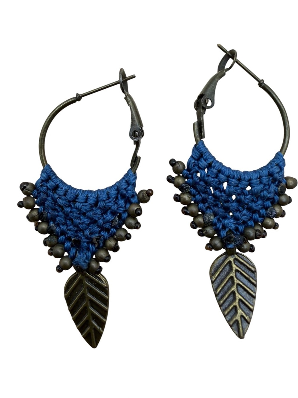 Boho Blue Macramé Hoop Earrings with Leaf Charms